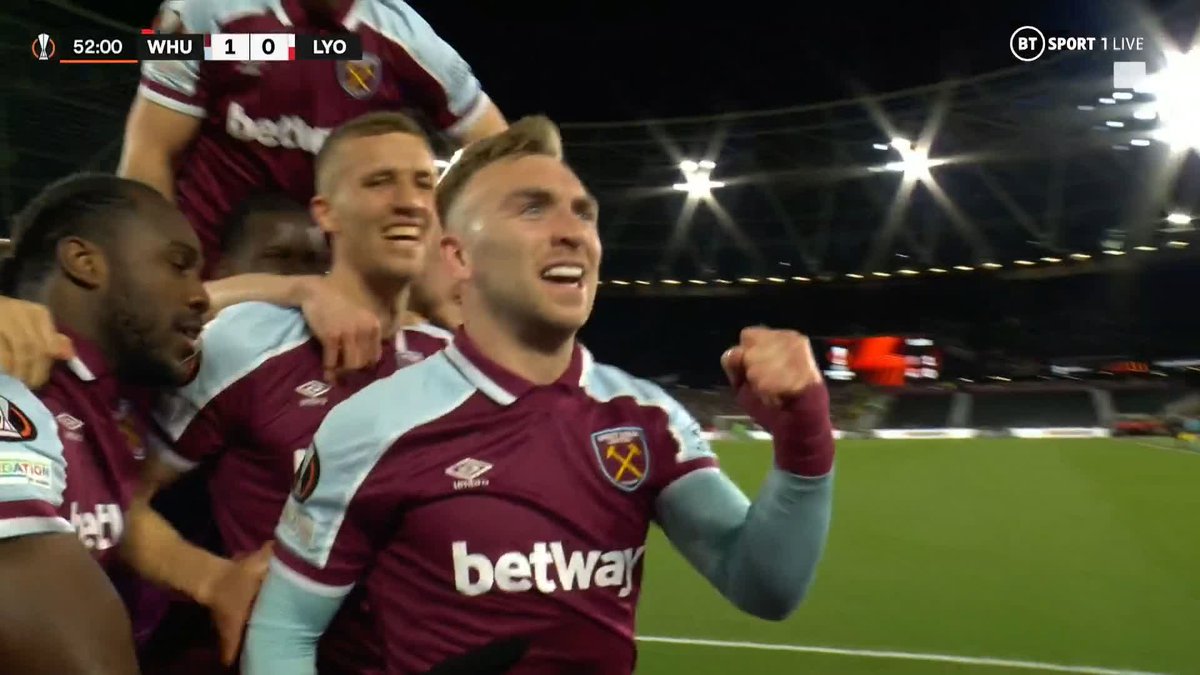 3 years ago today, Jarrod Bowen opened the scoring in the Europa League quarter-final first leg against Lyon. That noise 💉⚒️