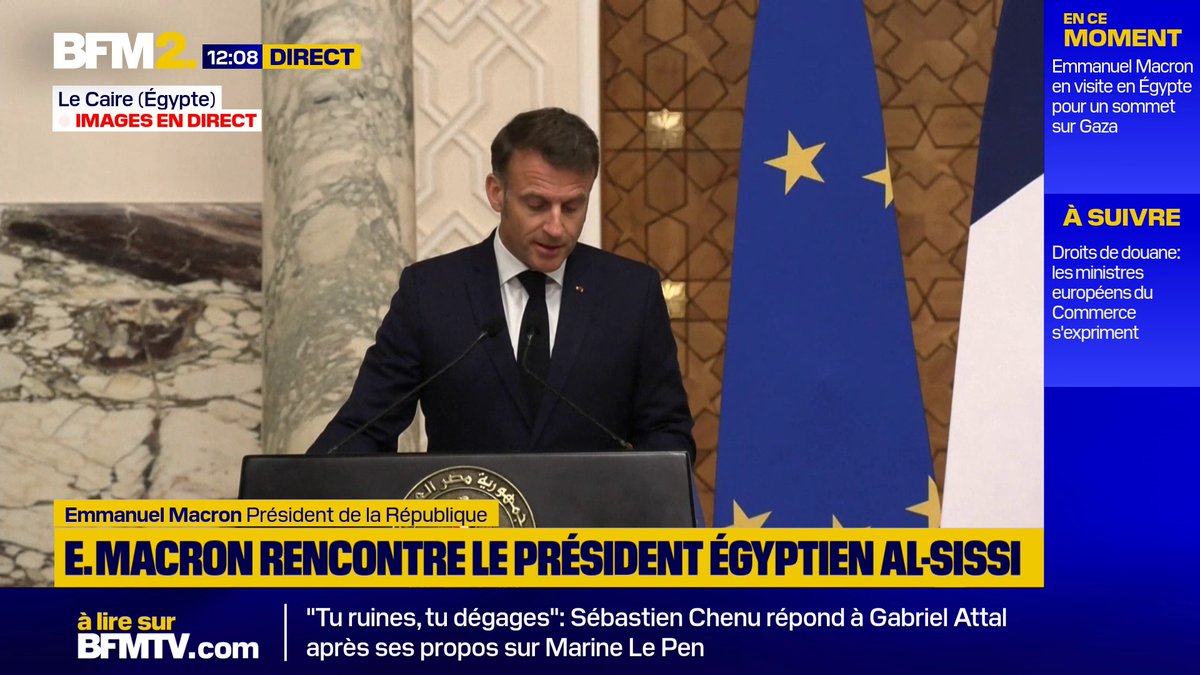 💬 "Le Hamas ne doit avoir aucune part à cette gouvernance et ne doit plus constituer de menace pour Israël" En déplacement en Égypte, Emmanuel Macron a abordé la future gouvernance de la bande de Gaza et a redit son "plein soutien" pour la reconstruction de Gaza