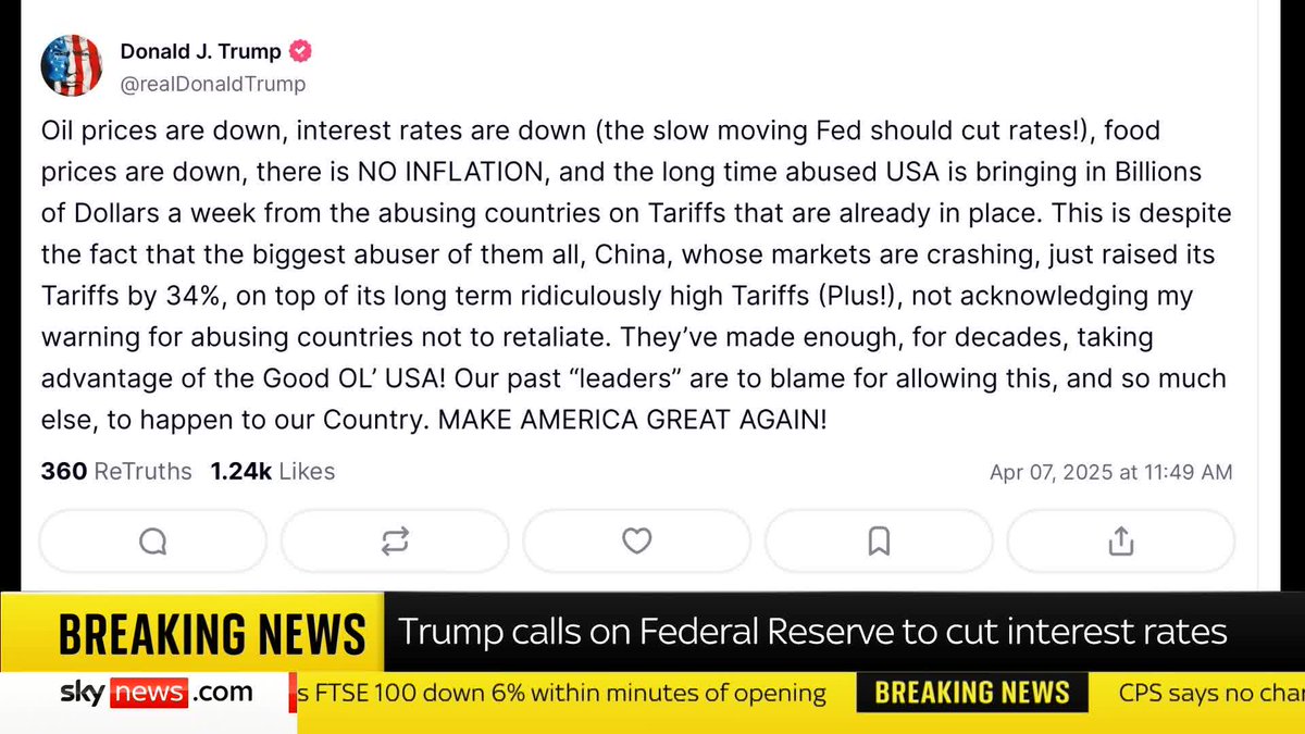 BREAKING: US President Donald Trump has given his response to turmoil on the markets which have gone into freefall across the world this morning. He called on the Federal Reserve to cut interest rates, adding that there is 'no inflation' in America. 🔗