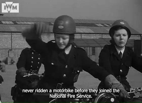 National Fire Service female despatch riders - tasked with the 'job of keeping open NFS communications when telephones have been blitzed' - filmed in training during the Second World War. Film: IWM UKY 813 <1/2>