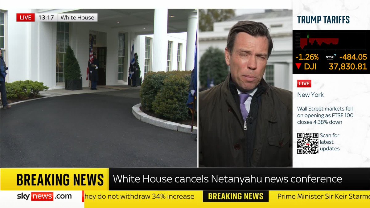 BREAKING: Donald Trump was due to hold a news conference with Israeli PM Benjamin Netanyahu this evening, but the White House has just announced that the event has been cancelled. Mark Stone reports. Latest: 📺 Sky 501, Virgin 602 and YouTube