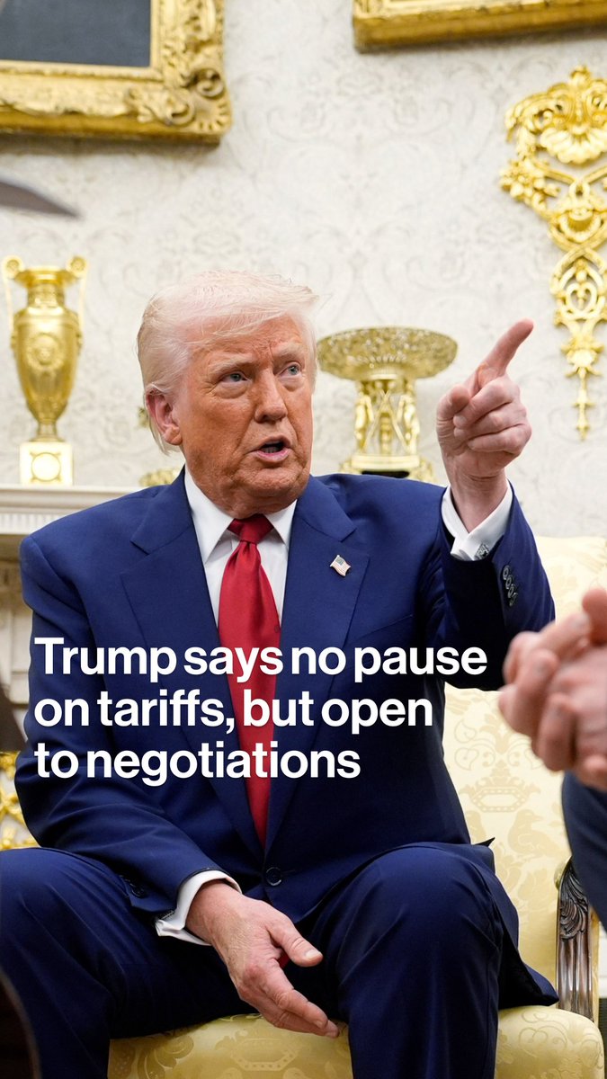President Trump said Monday he's "not looking at" a tariff pause during a meeting in the Oval Office. He also threatened to impose additional 50% tariffs on China if it doesn't withdraw its retaliatory tariffs by Tuesday
