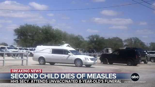 With measles cases surging across the U.S., Texas health officials reported the second death of a child – an otherwise unvaccinated healthy eight-year-old girl. It comes as RFK Jr. visits the epicenter of the Texas outbreak. @ABCMireya reports.
