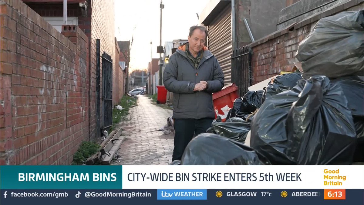 Birmingham's bin strikes could spread across the country, a union leader has warned. The city's council continue talks with Unite today to help bring an end to 5 weeks of industrial action that's left 17,000 tonnes of waste uncollected. Richard Gaisford reports.
