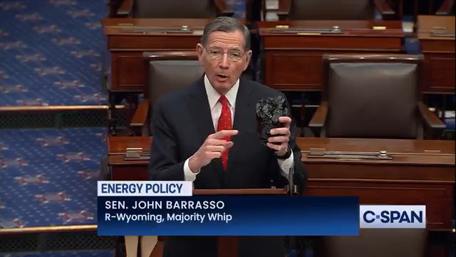 .Sen. John Barrasso: "Coal and specifically Wyoming coal, is world-class coal, clean coal, low-sulfur coal. And this is Wyoming coal. We need more of it, not less of it, to power our nation. Available, affordable, reliable. This has powered our nation for over a century."