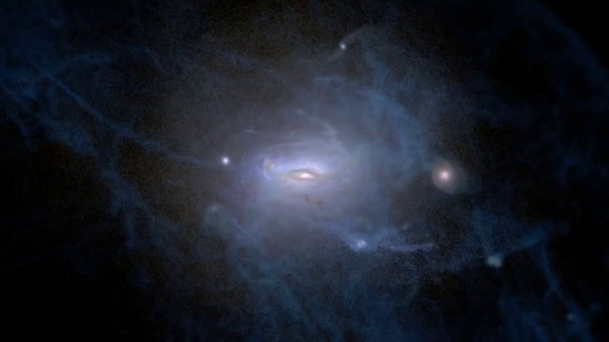 Galaxies merging 🌌 A supercomputer simulation shows many galaxies merging over time. The parts of galaxies we can see are glowing stars forming from gas in their central parts. Visualizations like these inform researchers on a galaxy’s evolution and how gas within one may form.