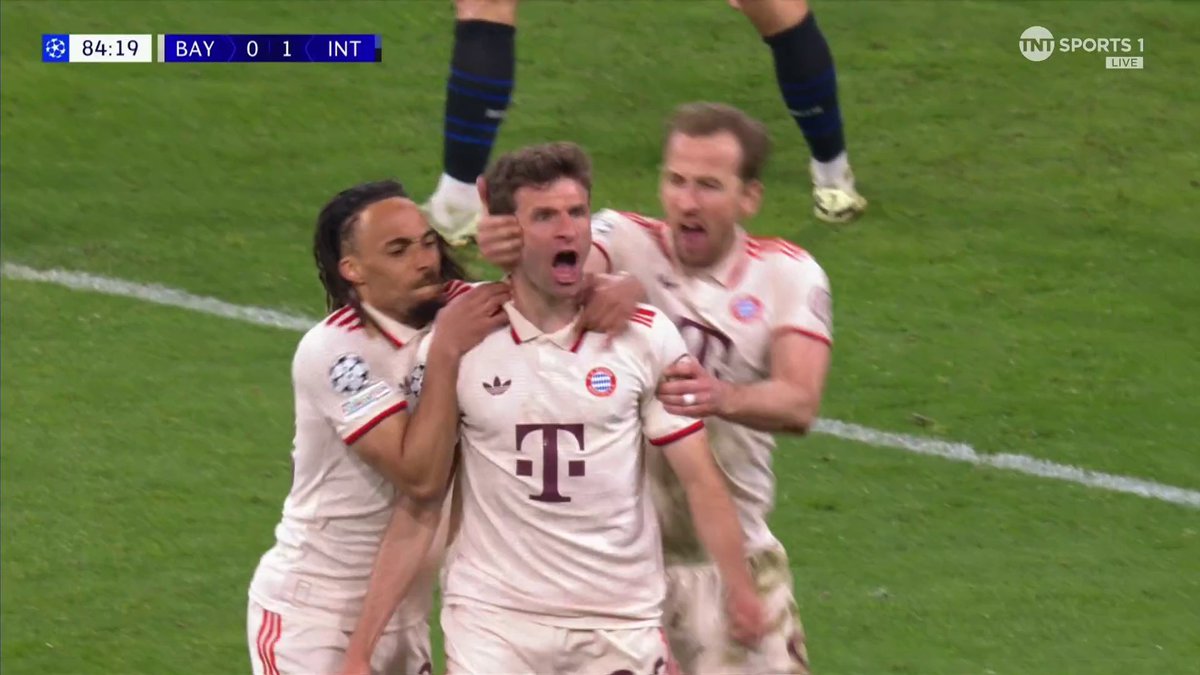 "OF COURSE IT'S THOMAS MULLER" 🤩 Muller rises off the bench to tap home at the back post for Bayern to level the tie - on the week he announced he's leaving the club at the end of the season! Written in the stars ✨ 📺 TNT Sports &amp; discovery+ UK