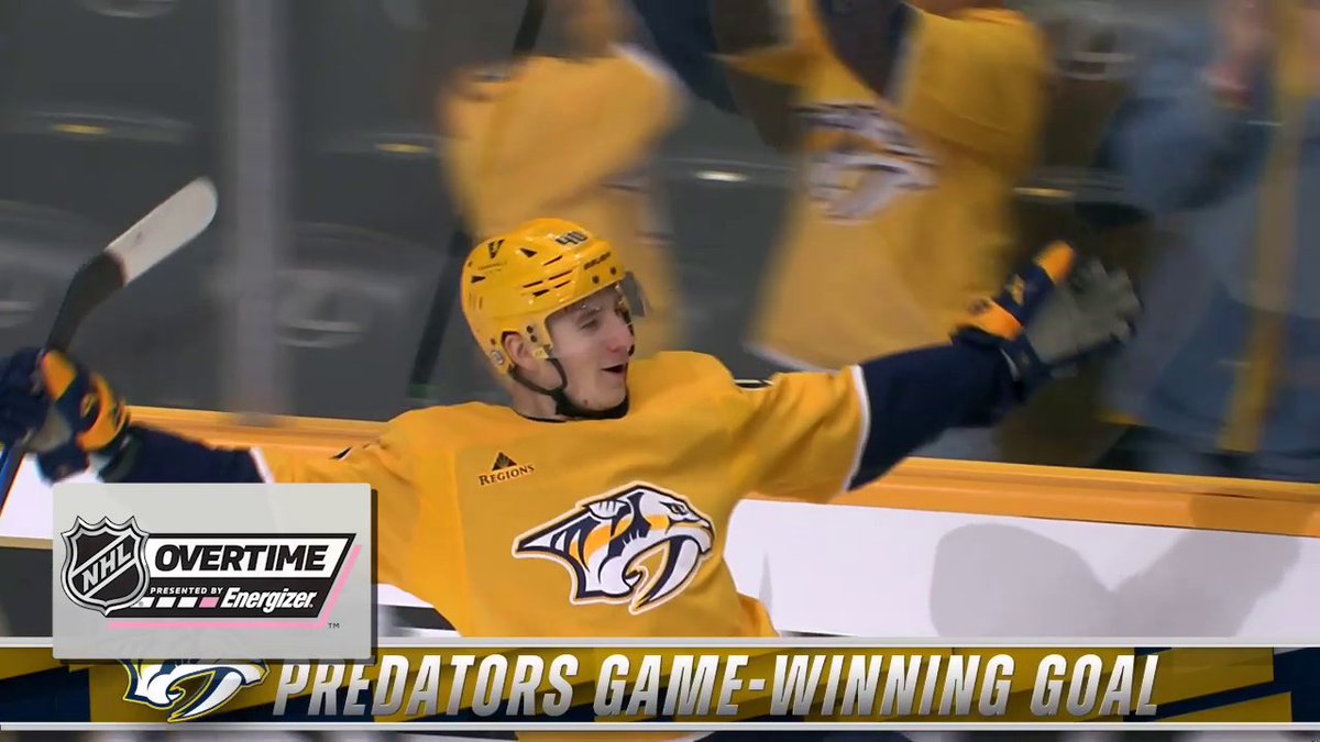 NASHVILLE WINS IT IN OVERTIME! 😱 The Nashville Predators complete the comeback in Energizer overtime after tying the game up with 40 seconds left in regulation!