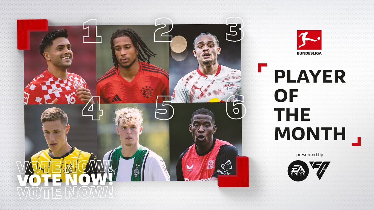 🇩🇪 Nadiem Amiri18 x @Mainz05En 🤡 🇫🇷 Michael Olise x FC Bayern 🍻 🇳🇱 @XaviSimons x RB Leipzig English 🐂 🇩🇪 Nico Schlotterbeck x Borussia Dortmund 🐝 🇩🇪 Robin Hack x @Borussia_En 🐎 🇫🇷 N O R D I x @Bayer04_En 🦁 Vote for March's #BundesligaPOTM: EA SPORTS FC