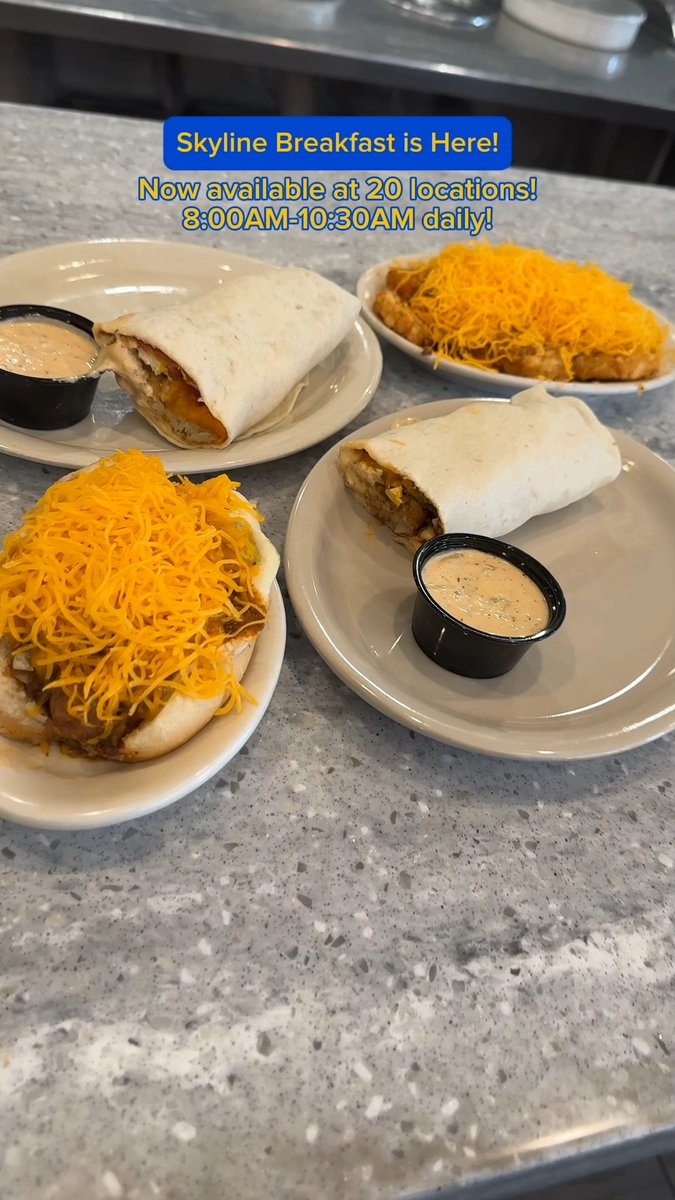 Wake up with Skyline! Suddenly, we're morning people. ☀️🍳​ We are currently serving Skyline Breakfast from 8:00AM-10:30AM at 20 locations! Stop by or order on DoorDash to try a Breakfast Chilito, Way, Coney, or Burrito! Click here to find a location near you!