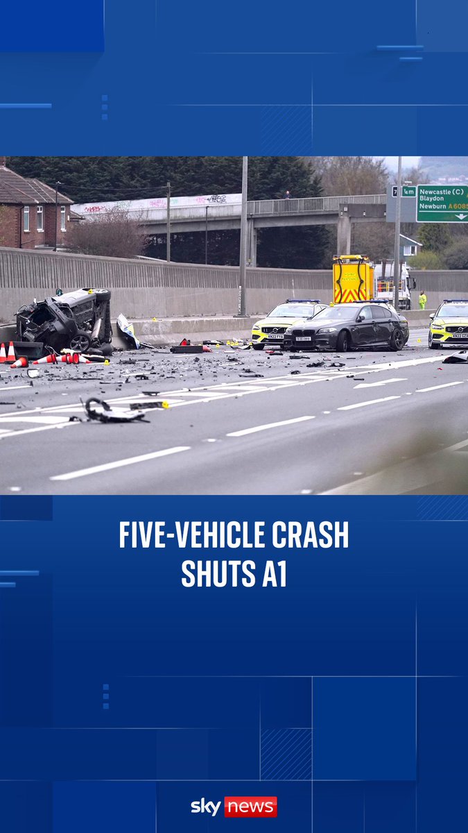Five-vehicle crash involving four police cars shuts A1 on both sides Five people have reportedly been taken to hospital after the early morning incident.