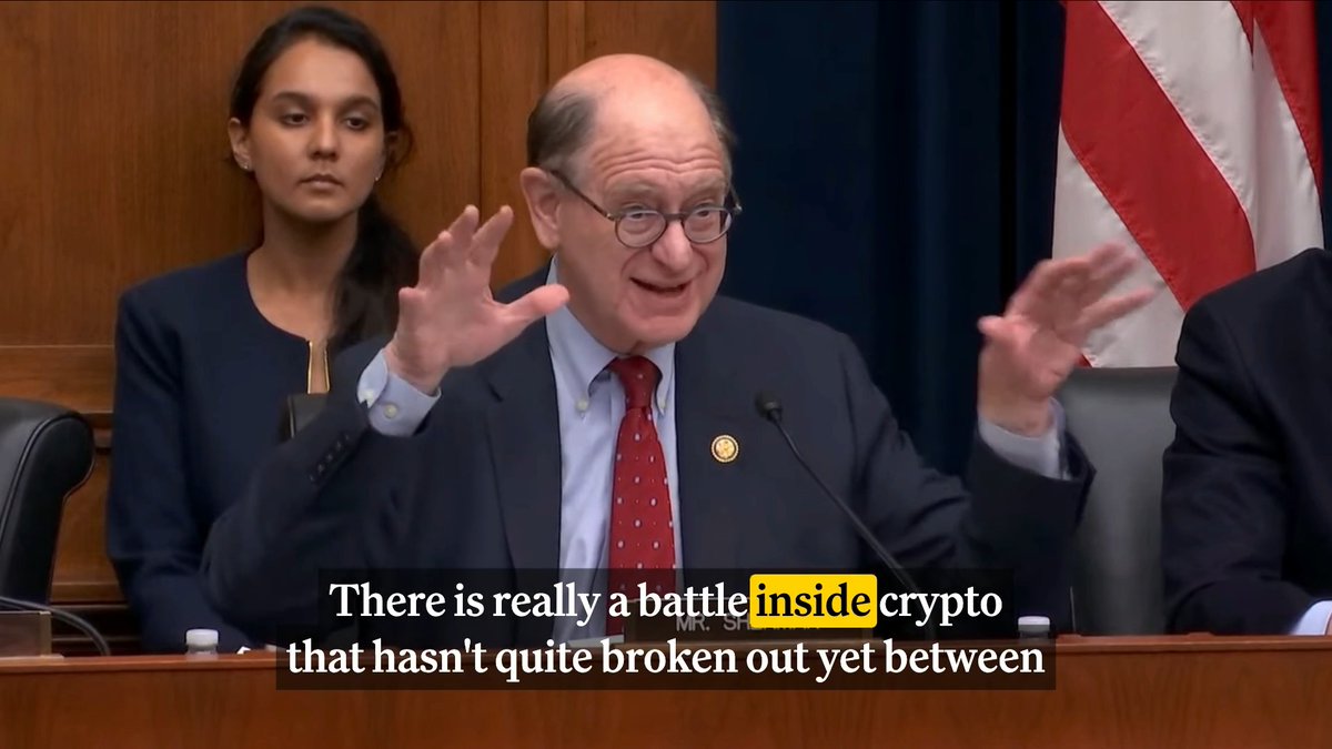 " There is really a battle inside crypto that hasn't quite broken out yet between the old coins and the new coins," Congressman Brad Sherman warns at a Financial Services GOP hearing on digital assets. "What will be the undoing of crypto is more crypto."