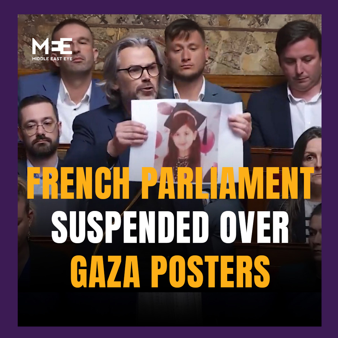 A French parliamentary session on Tuesday was suspended after France Unbowed MPs held up posters showing pictures of children in Gaza killed by Israeli attacks.