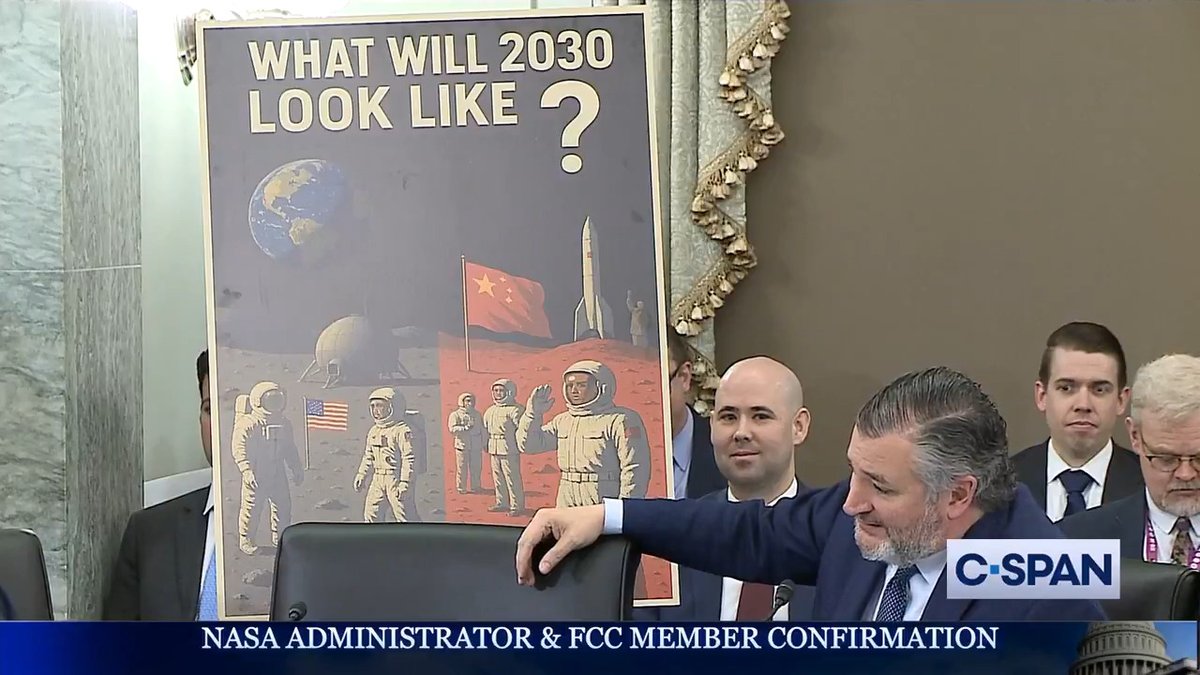 .Senator Ted Cruz: "Do we have your commitment that you will not allow the scenario on the right on this poster to happen, that China will not beat us to the moon? NASA Administrator nominee Jared Isaacman (Jared Isaacman): "Senator, I only see the left-hand side of that poster."