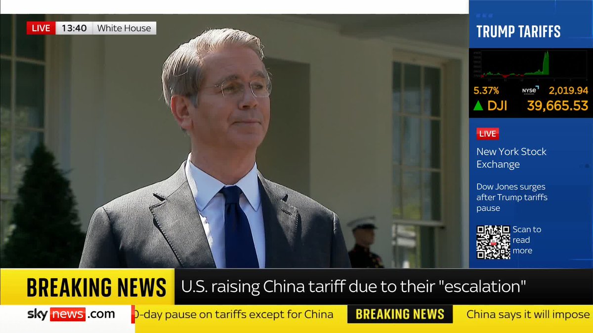 BREAKING: US Treasury Secretary Scott Bessent issues a statement after Donald Trump raises China tariffs to 125%, citing the country's "insistence on escalation" and pledging that countries who didn’t retaliate "will be rewarded." 📺 Sky 501 and YouTube