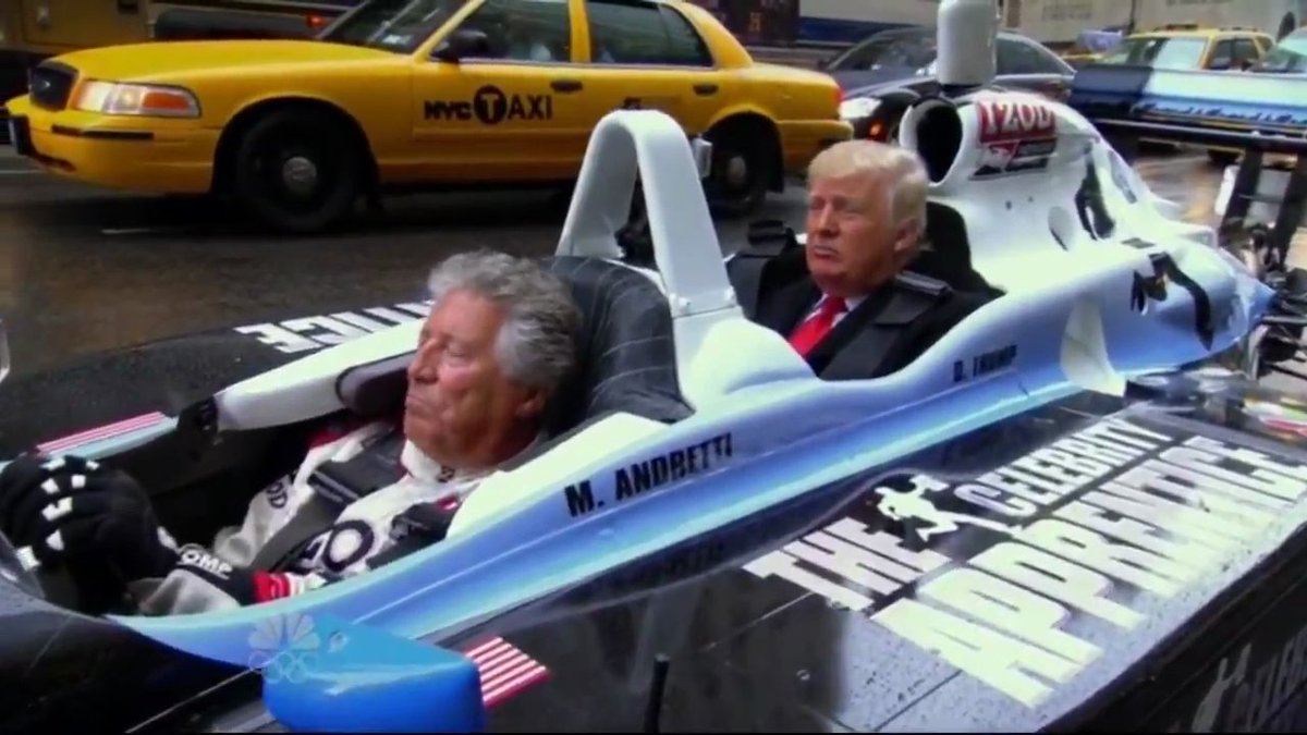 Donald Trump catching a ride in an IndyCar with Mario Andretti, 2012