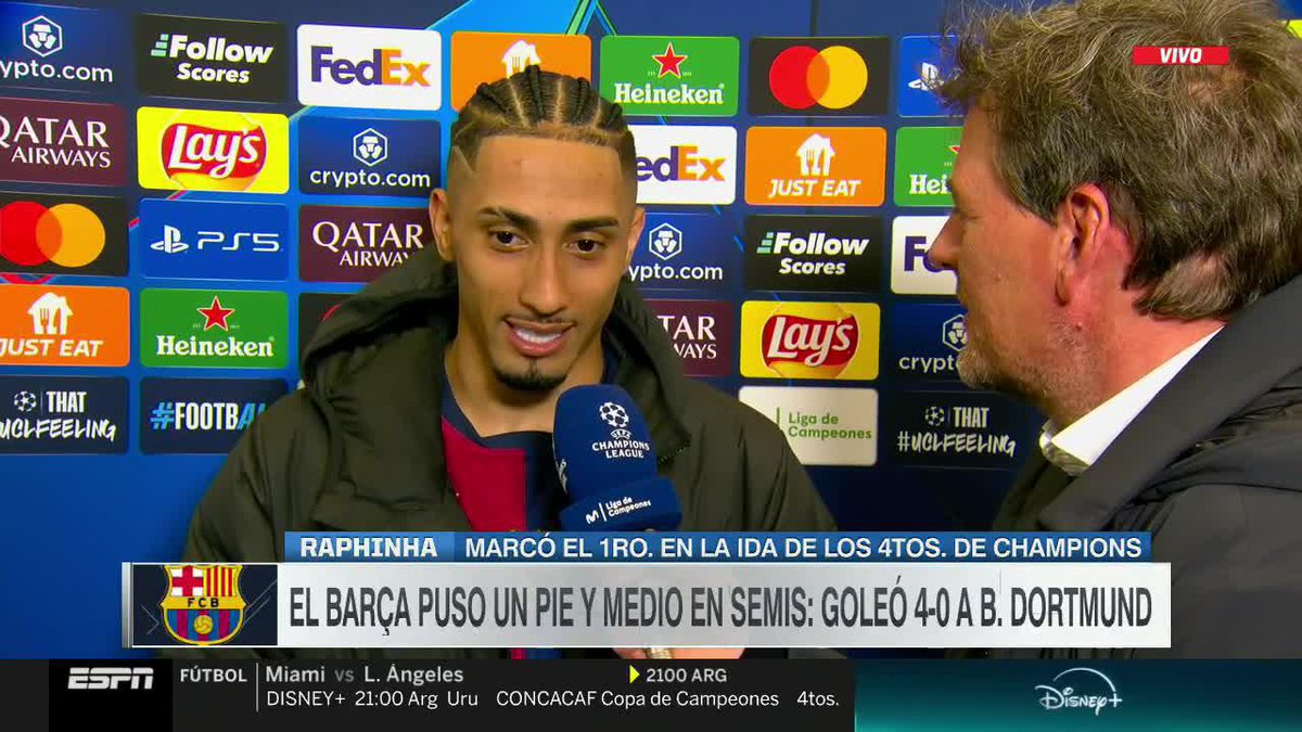 "LE PEDÍ DISCULPAS Y ME DIJO QUE ESTABA BIEN, QUE LE CONTABA LA ASISTENCIA." Raphinha contó que le pidió perdón a Cubarsí tras su gol en la #CHAMPIONSxESPN. 📺 #SportsCenter | #DisneyPlus