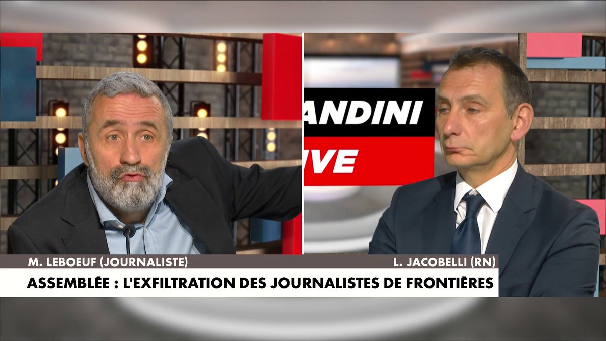 Echange tendu sur le plateau de #MorandiniLive entre Mathias Leboeuf, journaliste, et Laurent Jacobelli, porte-parole du Rassemblement national, à propos de l'exfiltration de «Frontières» à l'Assemblée nationale