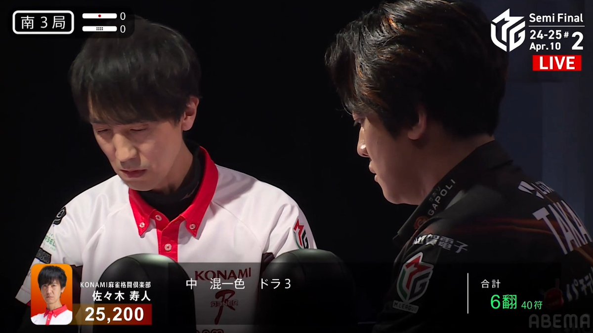 #Mリーグ 2024-25試合ダイジェスト📹 南2局1本場、#佐々木寿人 選手の跳満ツモ！ 寿人選手がドラ🀄を暗刻としたホンイツの🀝🀠待ち 堂岐選手は🀚🀝、本田選手は🀛🀞待ちリーチ！ 劇的な競り合いを制したのは寿人選手！ 3000・6000で一気に2着目に浮上！ 👇動画タップで今すぐ無料視聴