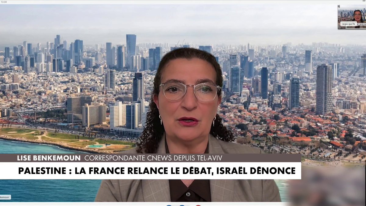 Lise Benkemoun, correspondante CNEWS depuis à Tel-Aviv, ne voit pas d'un bon œil la déclaration d'Emmanuel Macron sur la Palestine : «La guerre n’est pas terminée donc ce genre de réaction ne peut pas emmener à la paix» dans #LHeureInter