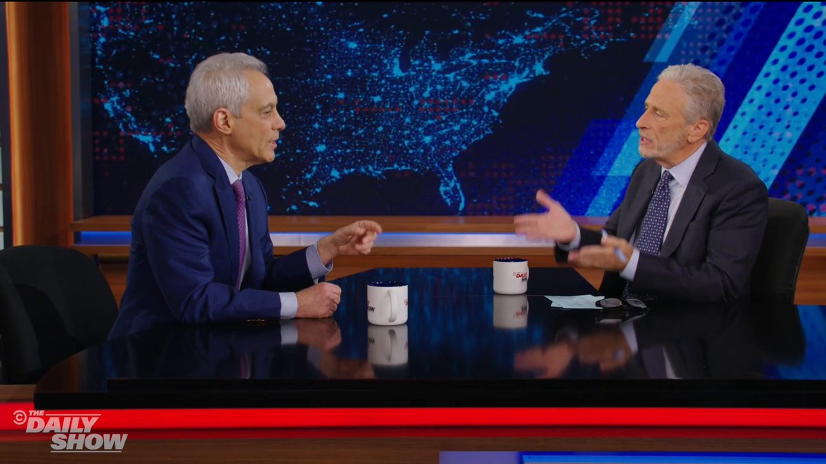 "The damage to America...nobody will ever trust us." Rahm Emanuel and Jon Stewart discuss Trump's chaotic tariff strategy
