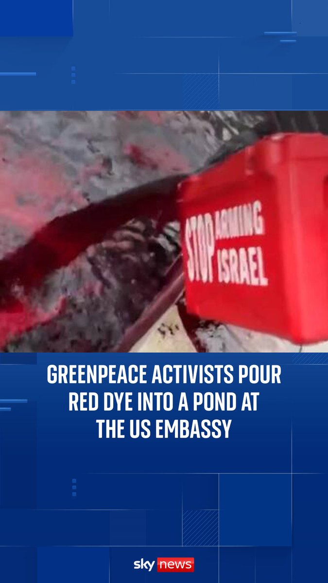 Greenpeace activists pour red dye into a pond at the US Embassy 🔴 The activists poured the red dye into the pond in protest of the US continuing to sell weapons to Israel 🔗