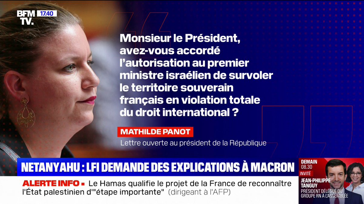 Survol de la France par l'avion de Benjamin Netanyahu: Mathilde Panot (LFI) interpelle Emmanuel Macron et dénonce une "violation du droit international"