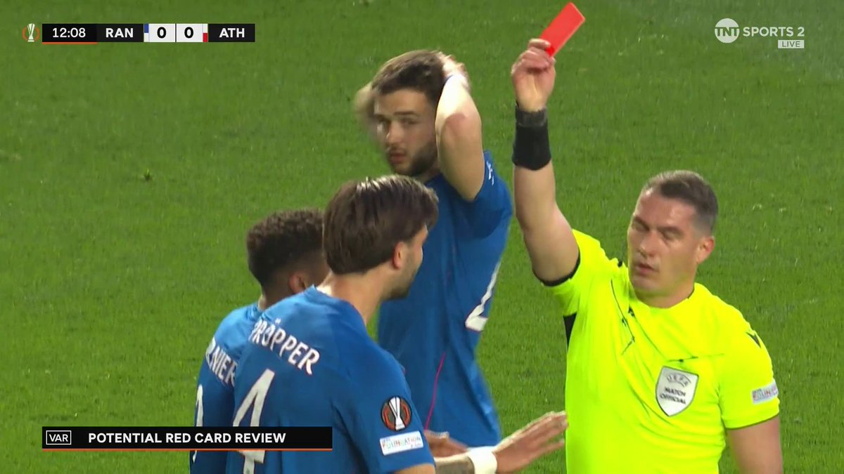 AND IT'S A RED CARD 🟥 After a lengthy VAR check, Robin Propper is sent off, as Rangers are reduced to 10-men 😱 📺 TNT Sports & discovery+ UK