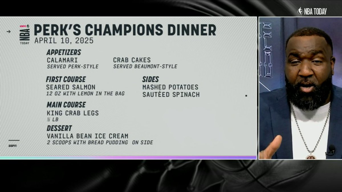 "If you don't have a bib, it ain't a Perk dinner." 😅 Kendrick Perkins makes his own Masters Champions Dinner menu 👀