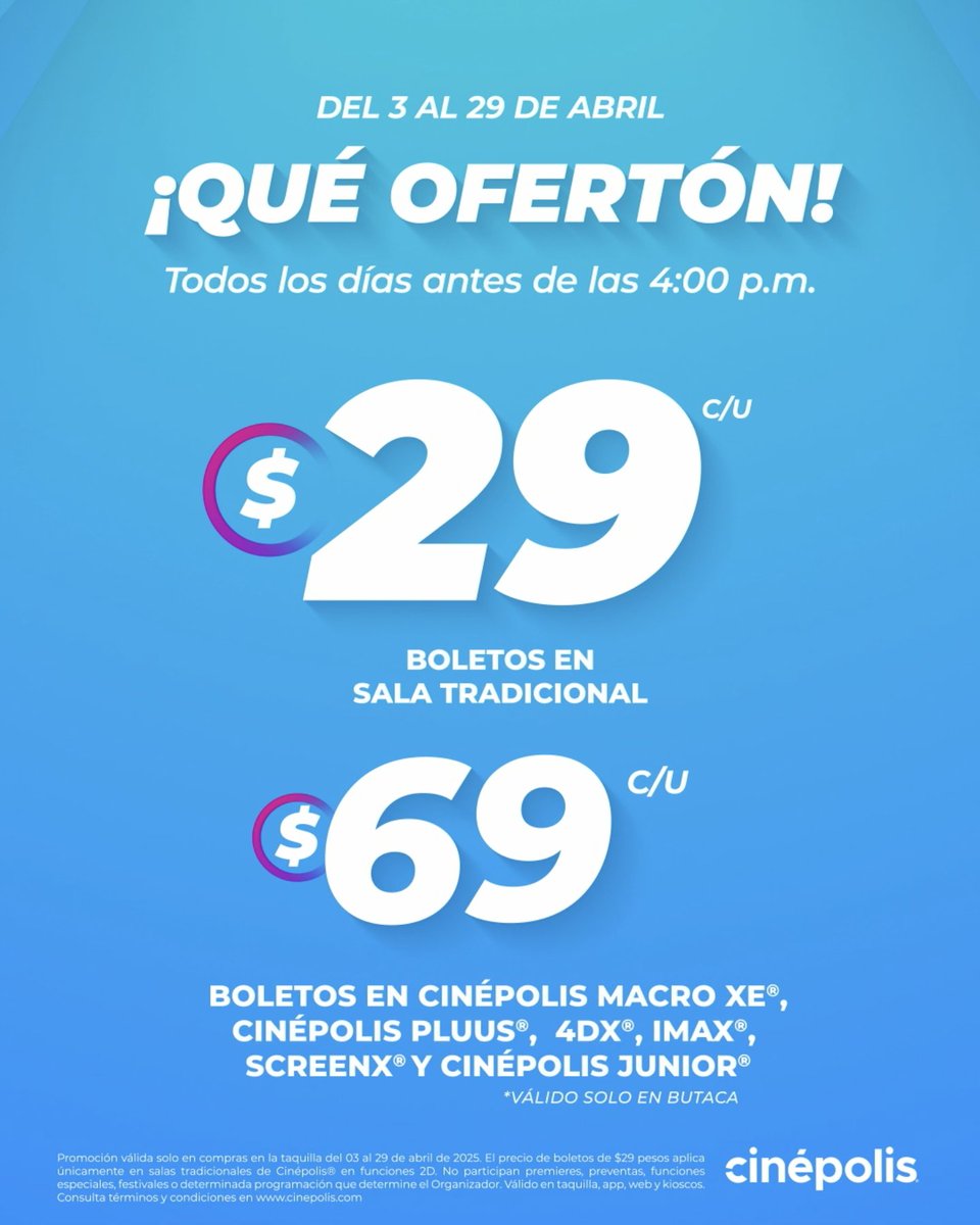 ¡Que se arme la maratón en matiné con #QuéOfertón! 😎🎬 Disfrutando de las mejores pelis, en formato tradicional, ¡a $29 pesos! Antes de las 4 p.m. 💖✨