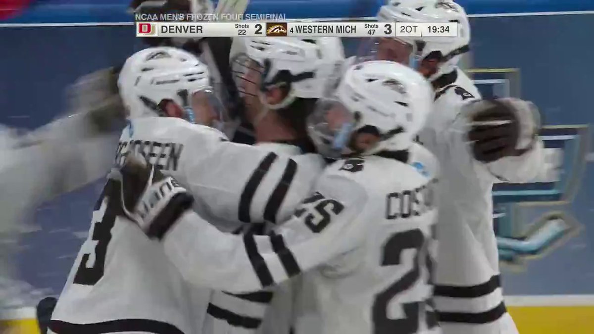 WESTERN MICHIGAN WINS IT IN DOUBLE OT‼️ The Broncos punch their ticket to the National Championship game in their first-ever Frozen Four appearance 🥶