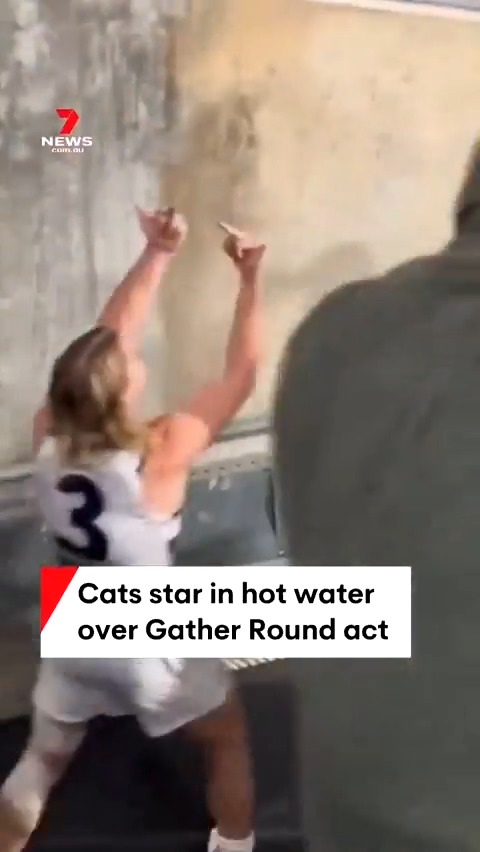 Geelong superstar Bailey Smith will likely come under scrutiny from the AFL after he was caught flipping the bird to a fan after last night’s Gather Round win over the Crows. #7NEWS