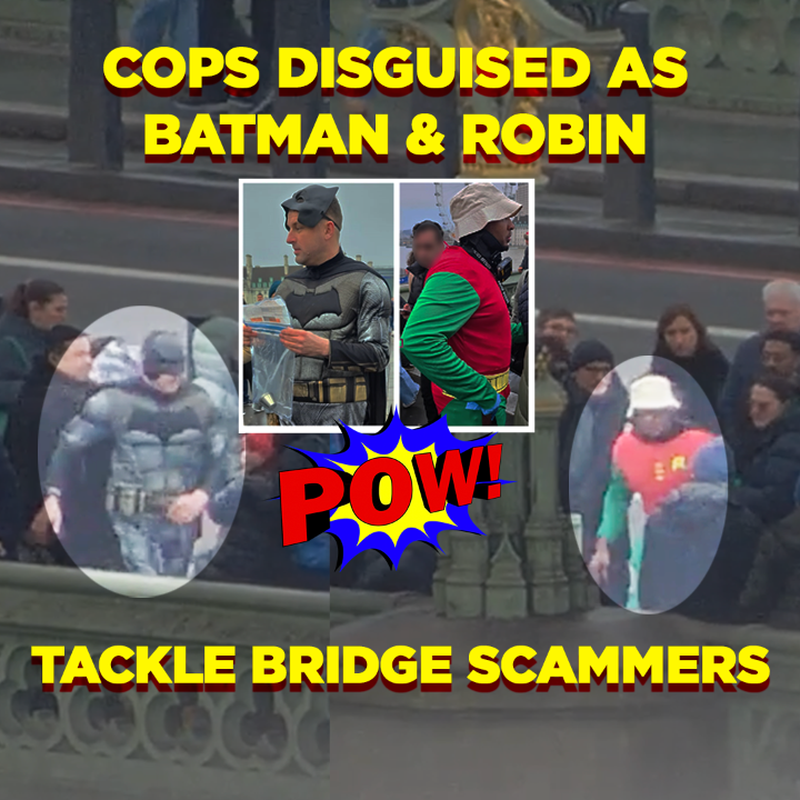 POW! Officers disguised as Batman &amp; Robin catch scammers red-handed on Westminster Bridge 🦸‍♂️ Street scammers flee when they spot uniformed officers, so our local policing team are deploying creative tactics to protect the public. #CrimeFightingHeroes