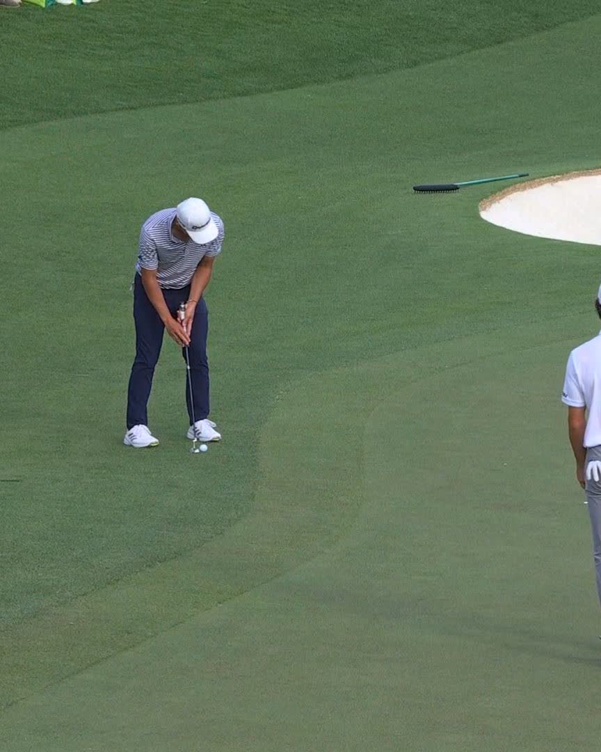 From just off the green. Collin Morikawa makes a lengthy birdie putt on No. 16. #themasters