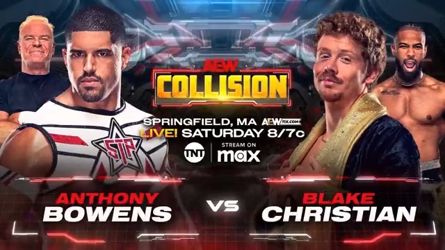 TOMORROW! #AEWCollision Springfield, MA LIVE at 8ET / 7CT on @TNTDrama + @SportsOnMAX Anthony Bowens vs Blake Christian The 5 Tool Player Anthony Bowens returned at #AEWDynasty &amp; has vowed to make history. He COLLIDES with the always impressive Blake Christian ブレイク・クリスチャン!