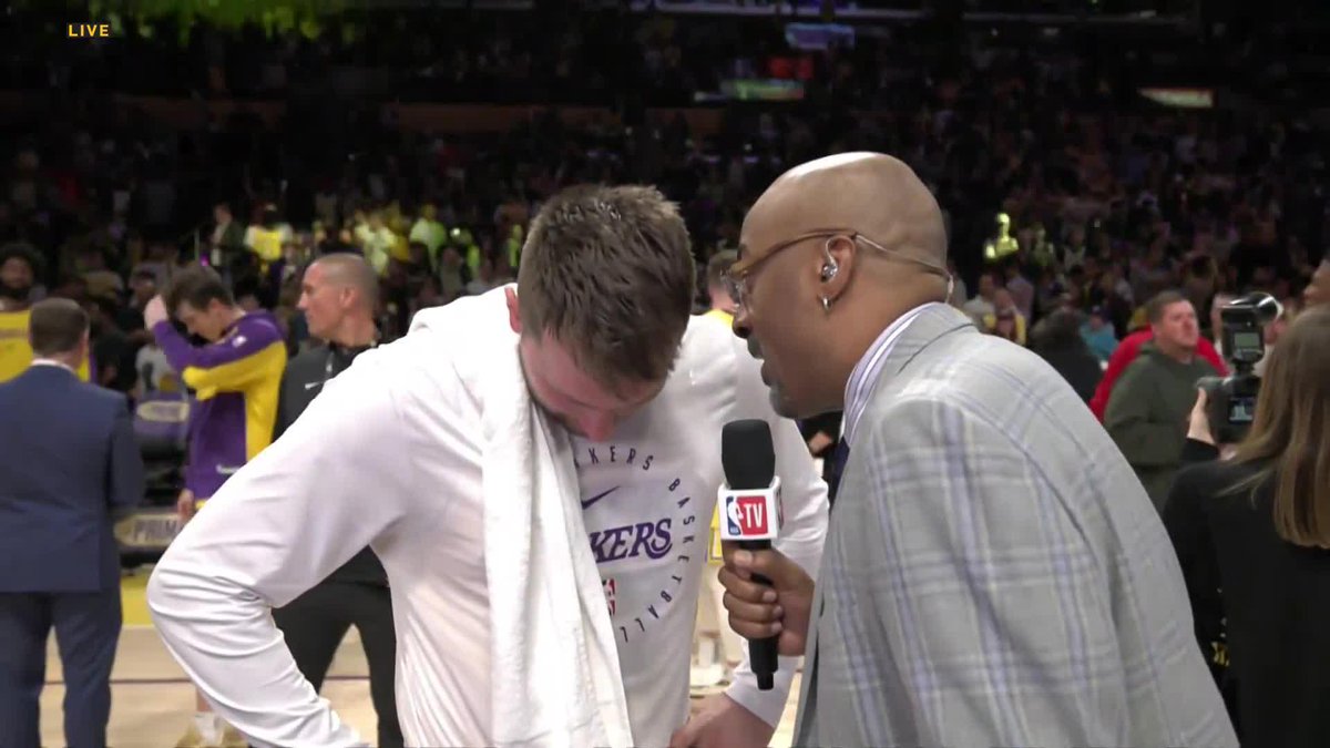Luka chats with Dennis 3D Scott after the Los Angeles Lakers win as they look ahead to the #NBAPlayoffs 😤 #CenterCourt