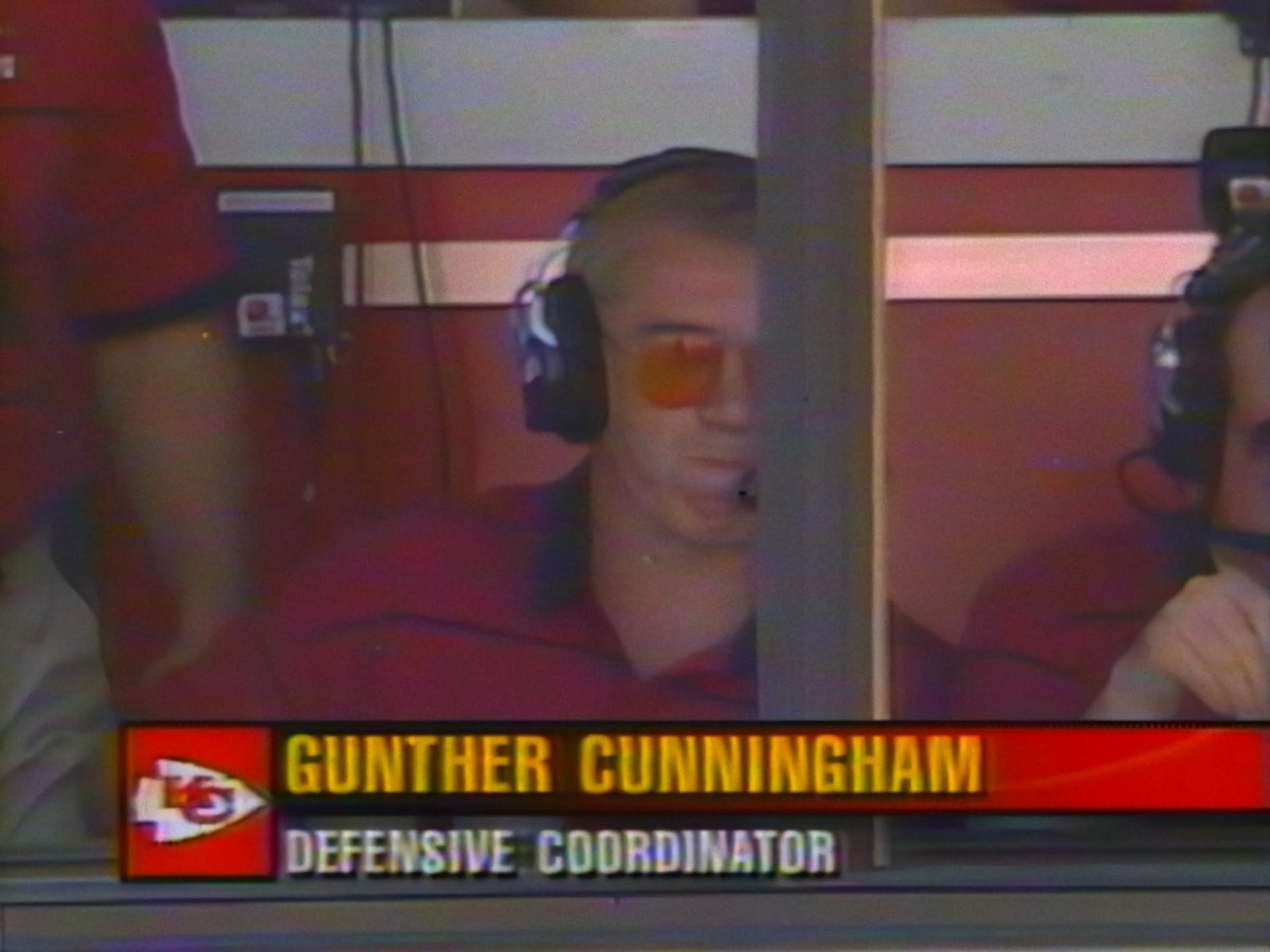 1995, Week 7 vs New England: Mitch Holthus and Len Dawson call the action as Gunther Cunningham puts in a fresh chaw of tobacco and Derrick Thomas immediately gets a sack This was Arrowhead.
