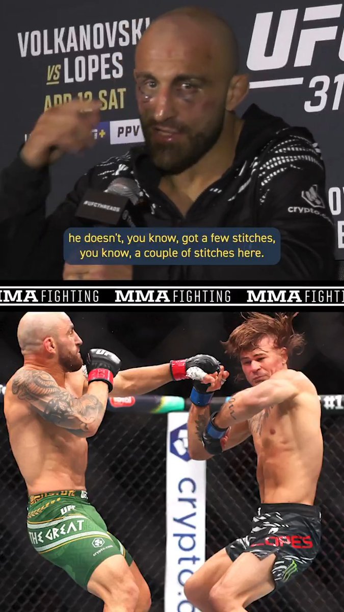 Alex Volkanovski admits Diego Lopes' power is no joke after spending 25 minutes in the Octagon with him at #UFC314: "He puts it all in. He really commits to his shots. … I've got a few stitches here, like in my mouth."