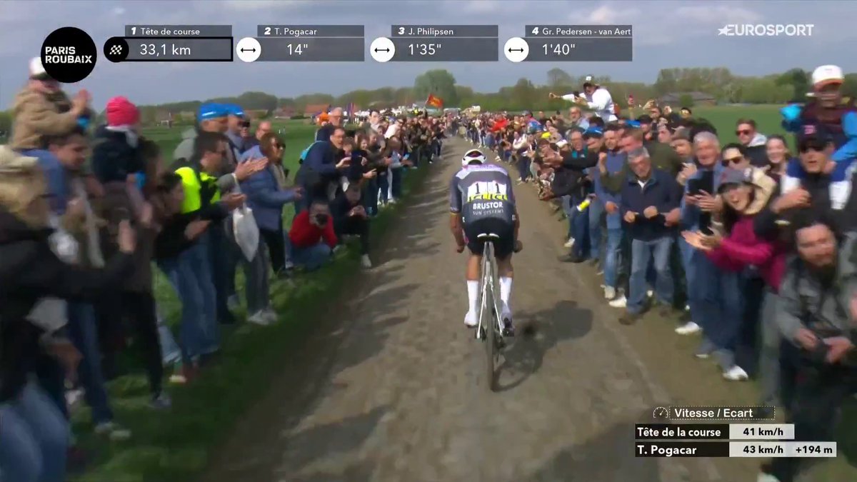 Honte au spectateur qui a jeté un bidon (de la Visma) sur le visage de Mathieu van der Poel. #ParisRoubaix