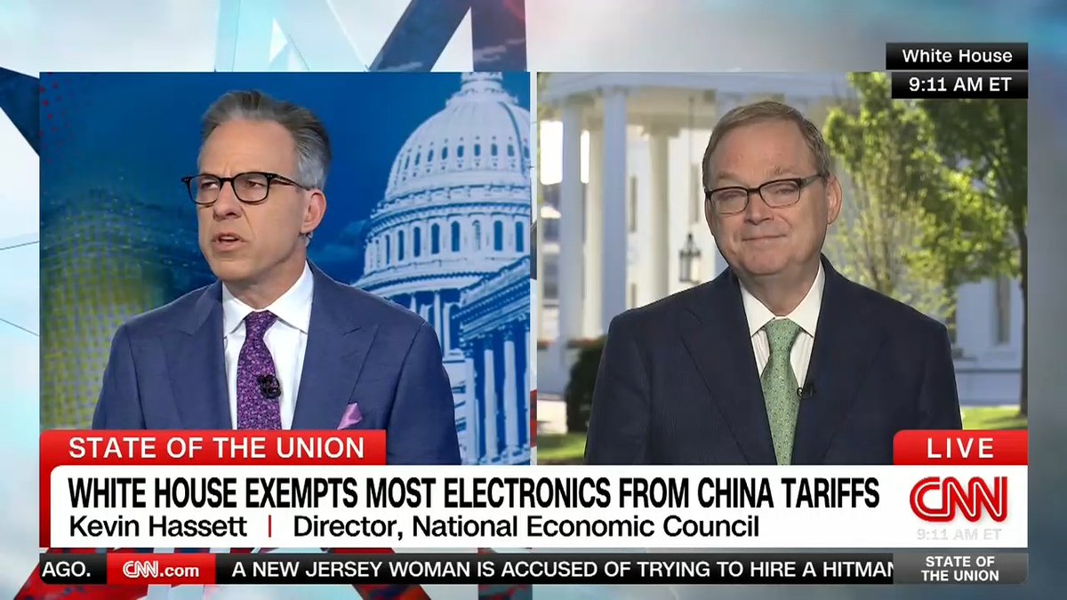 HASSETT: “We're very optimistic about the fact that people are going to have more money in their pockets and that they're going to have a higher standard of living.” TAPPER: "Well, right now, I mean, wealth has disappeared from the market. And, as you know, the fears of a global recession or a United States recession have increased even among business supporters, business leaders who support President Trump."