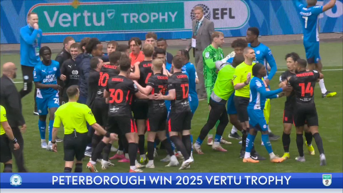 Wembley erupts as Peterborough United RETAIN their Vertu Trophy title 🎇 It's all kicking off on the pitch between the Posh and the League One champions Birmingham City 😬