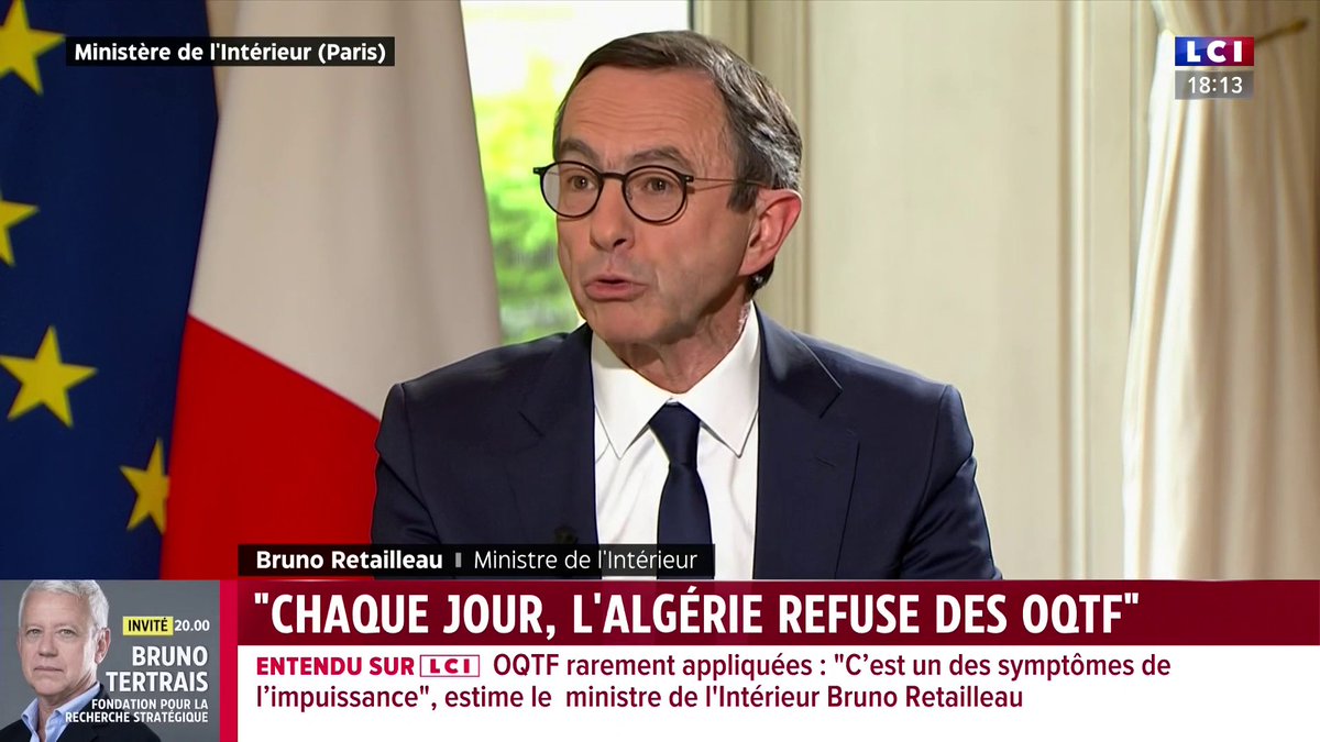 Algérie : "Je n'ai aucune obsession vis-à-vis ni du régime algérien, ni du peuple algérien, qui est un grand peuple", assure Bruno Retailleau. Le ministre de l'Intérieur indique qu'Alger refuse "chaque jour" le retour de ressortissants sous OQTF. ▶️ avec Darius Rochebin