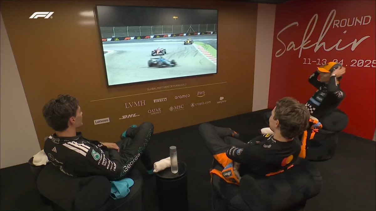 "Nah mate, loads of room!" 🤣 George, Oscar and Lando having a watch of the race from the cooldown room 👀
