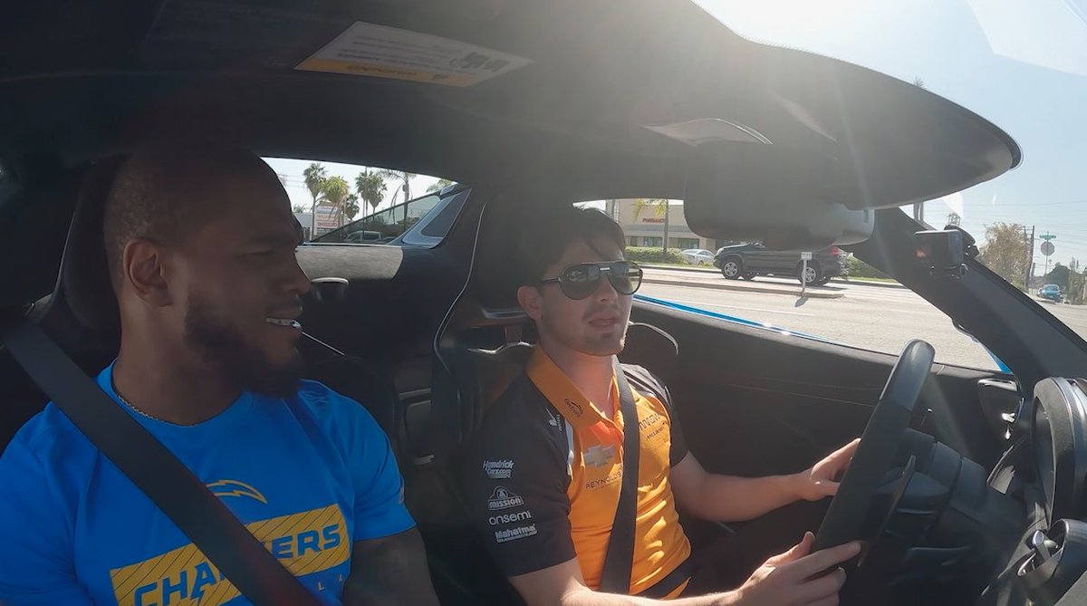 INDYCAR 🤝 NFL. Arrow McLaren IndyCar Team's Pato O'Ward met up with the Los Angeles Chargers Denzel Perryman.