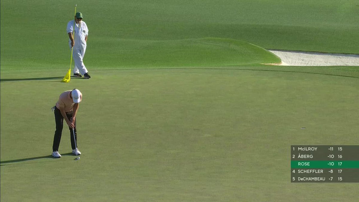 "Oh, wow! What a putt!" Justin Rose ties the lead on No. 18.