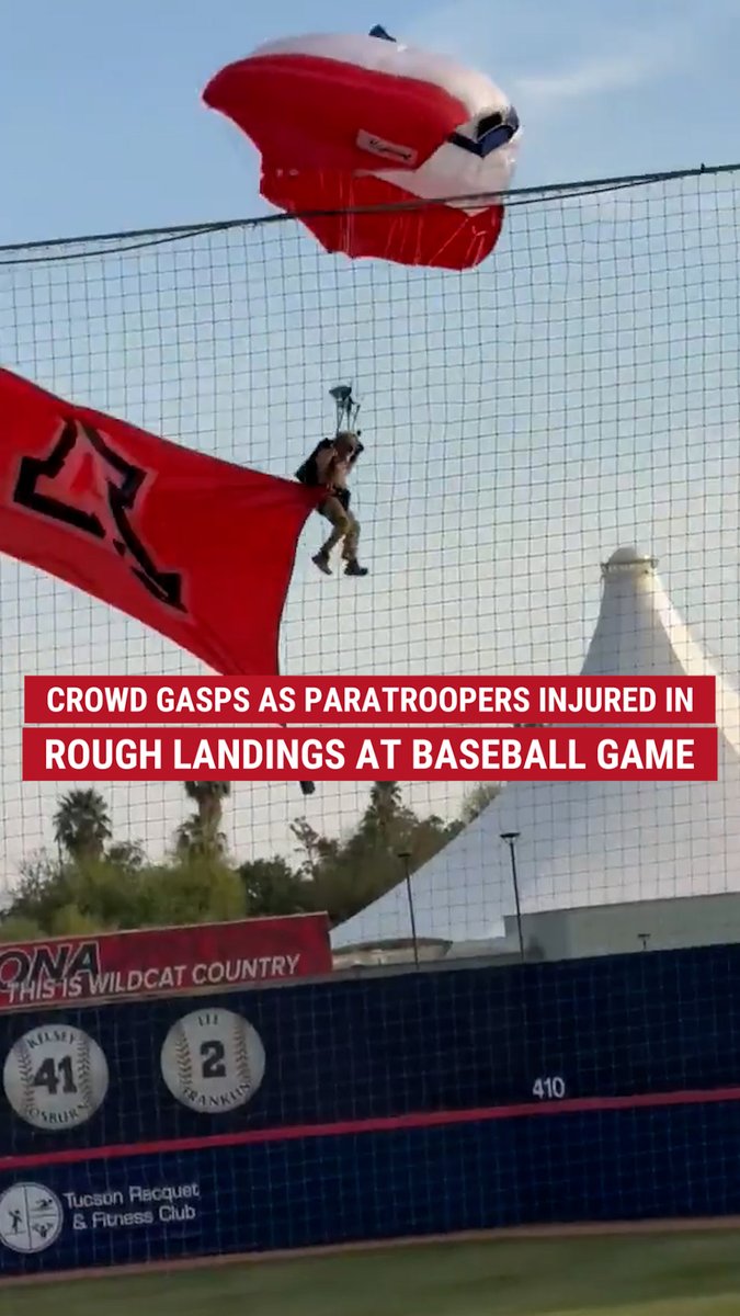 Two paratroopers were injured while parachuting into a baseball stadium during a pre-game ceremony in Arizona. They were transported to the hospital and are expected to make a full recovery.