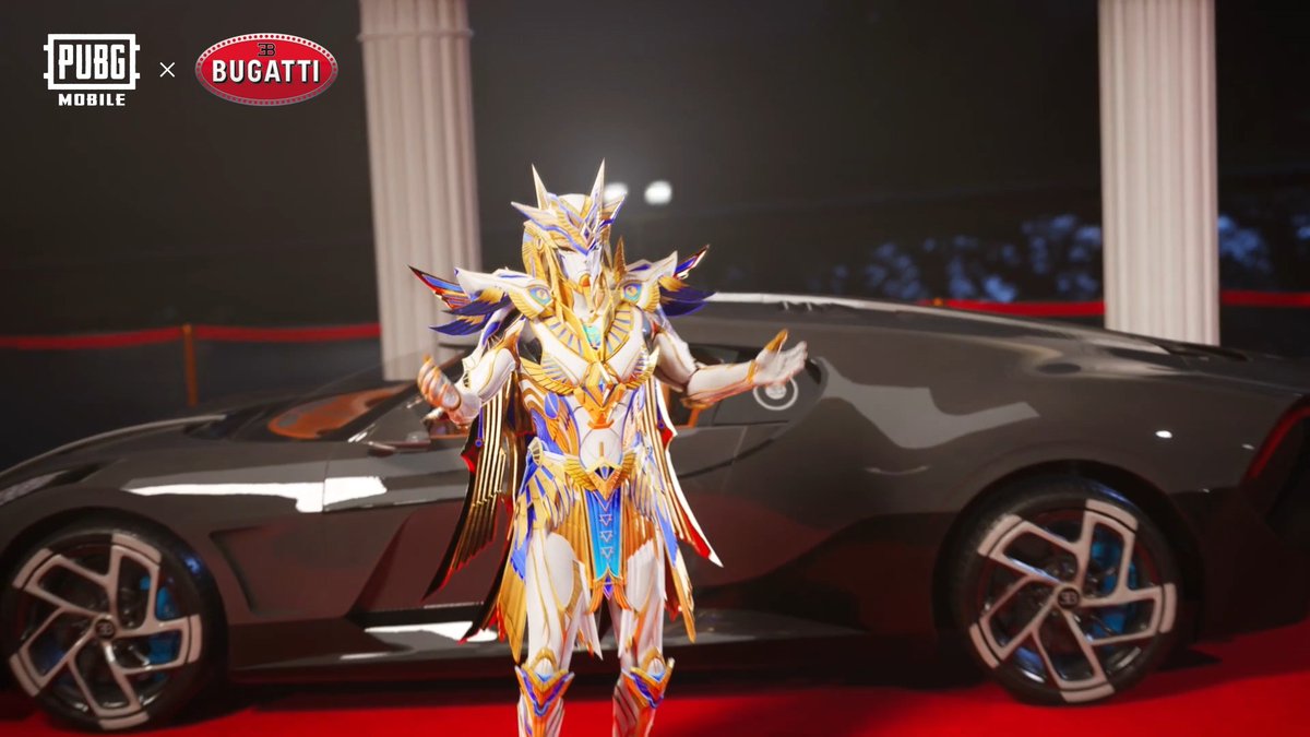 Golden grandeur meets black brilliance – the Golden Pharaoh X-Suit and Bugatti La Voiture Noire combine to create a masterpiece of elite elegance. 📲 #PUBGMOBILE #PUBGMxBugatti #BUGATTI #Bolide #Veyron #LaVoitureNoire #PUBGMXsuitAnukhra370co #PUBGMSETS370