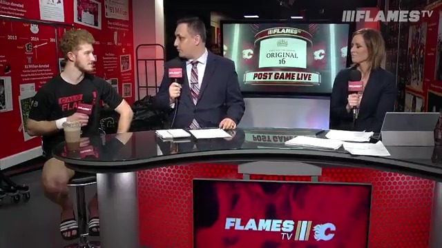 Wolfie stopped by the #Flames TV Live desk after his 28-save performance against the Sharks!
