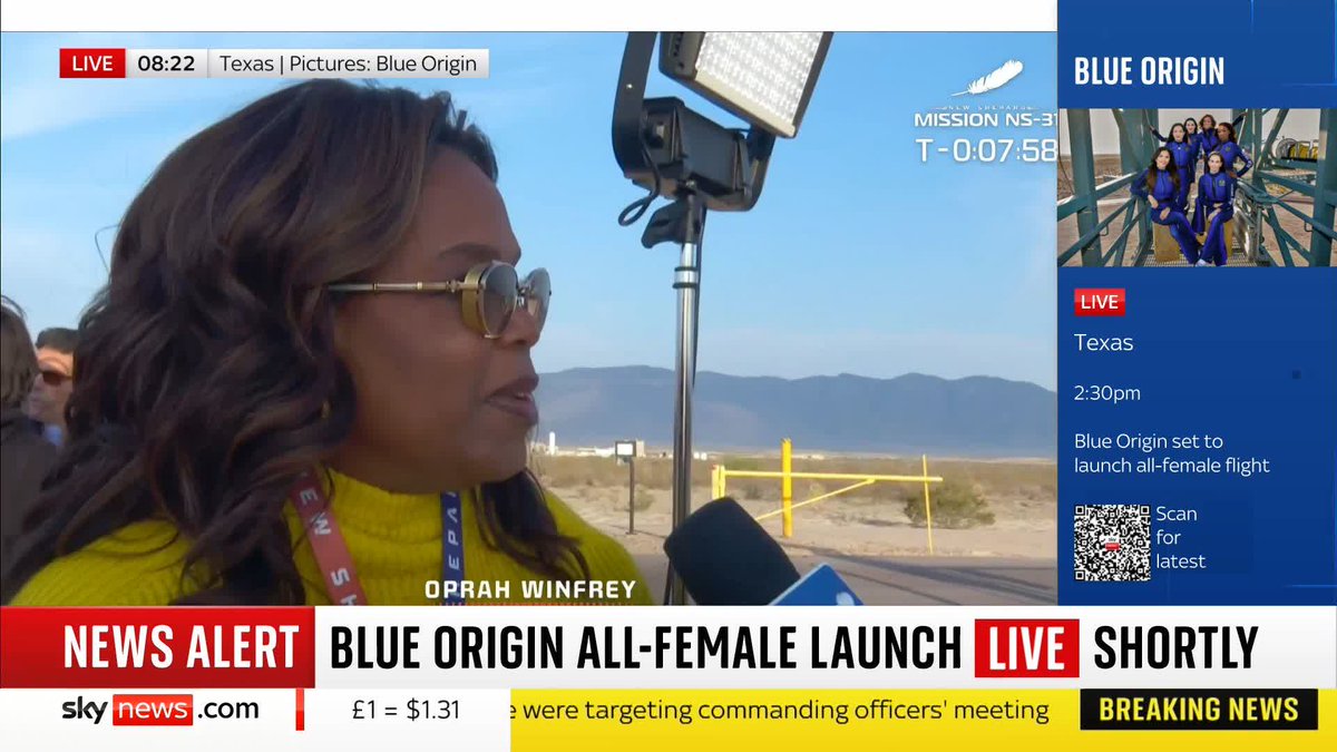 "This is bigger than just going to space." Oprah Winfrey speaks ahead of the all-female Blue Origin rocket launch. Watch live: 📺 Sky 501, Virgin 602, Freeview 233 and YouTube