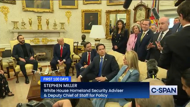 .Kaitlan Collins: "Do you plan to ask President Bukele to help return the man who...was mistakenly deported to El Salvador?" President Bukele: "The question is preposterous." Responses are given from Attorney General Pamela Bondi, Stephen Miller President Bukele, Secretary Marco Rubio and President Trump.